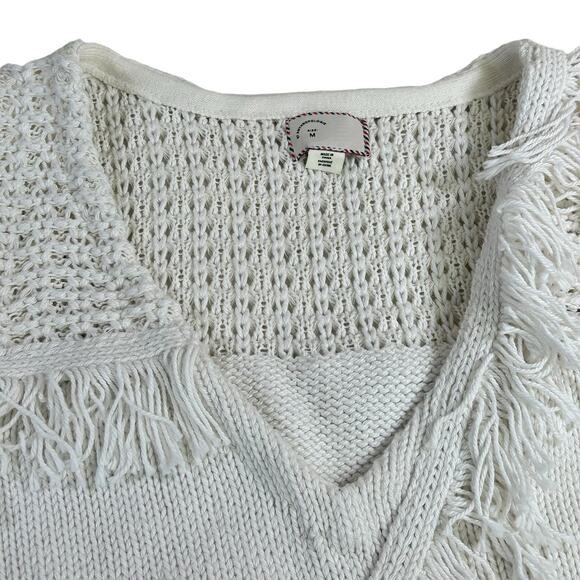 by Anthropologie Crochet Vest Size Medium White Cotton Silk Fringe Boho Knit Top - Picture 9 of 12